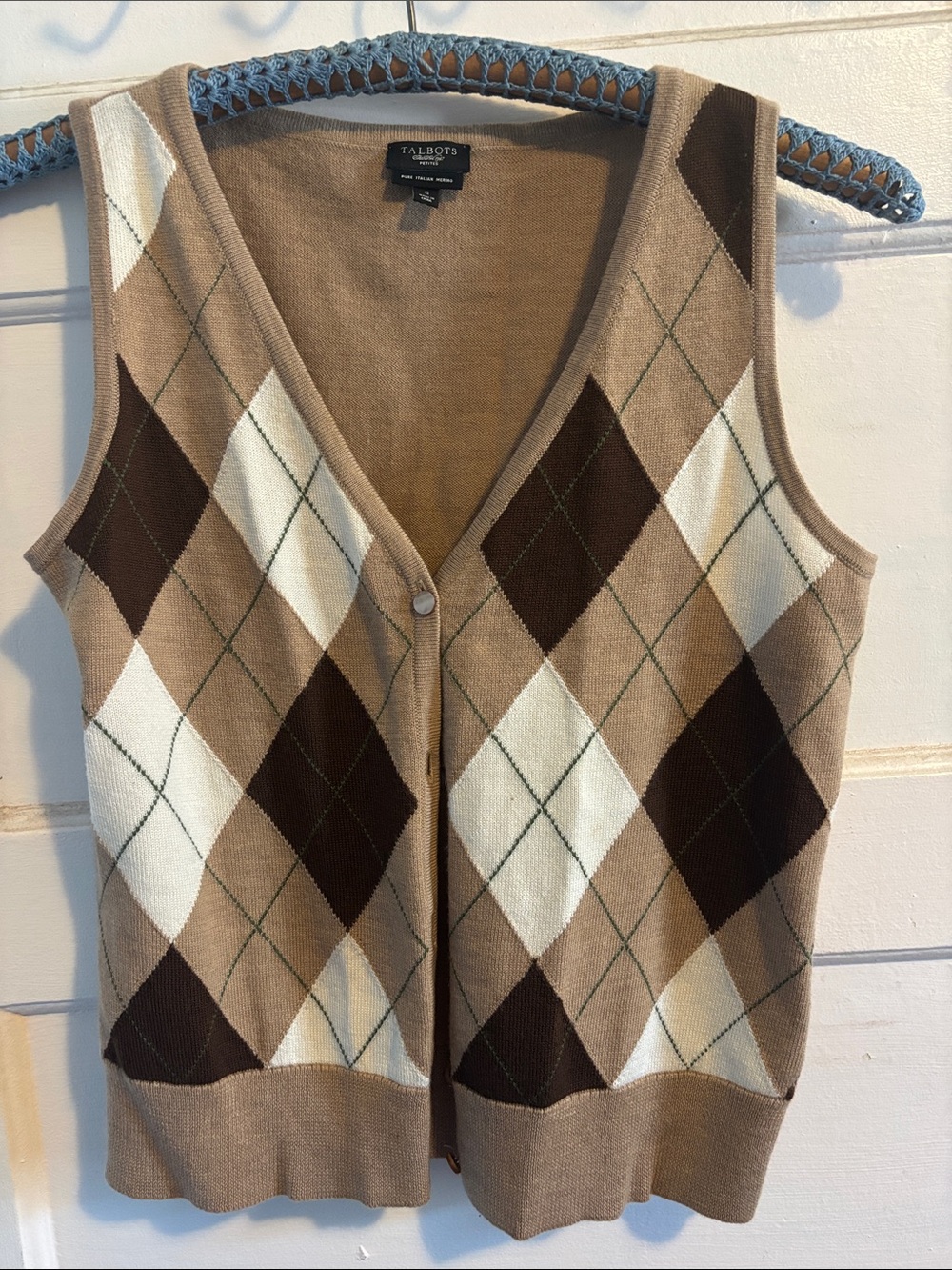 Talbots Beige Brown Cream Argyle Knit Vest Small